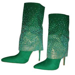 Vivianly Womens Pointed Toe Stiletto Heel Rhinestones Mid-Calf Boots Size 8